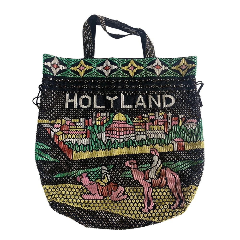 Unbranded Beaded Tote Bag Women L Black Excellent Holy Land Souvenir Drawstring